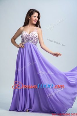 Pretty One Shoulder Sleeveless Chiffon With Brush Train Backless in Lavender for with Beading