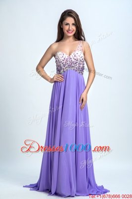 Pretty One Shoulder Sleeveless Chiffon With Brush Train Backless in Lavender for with Beading