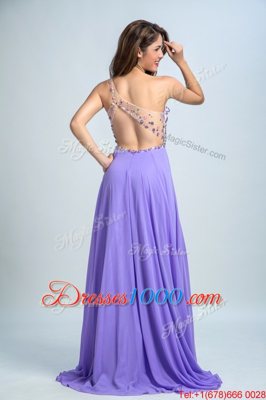 Pretty One Shoulder Sleeveless Chiffon With Brush Train Backless in Lavender for with Beading