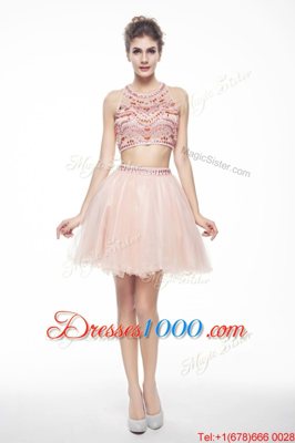 Custom Design Scoop Peach Sleeveless Beading Knee Length Prom Gown