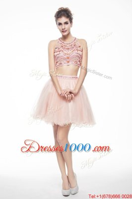 Custom Design Scoop Peach Sleeveless Beading Knee Length Prom Gown
