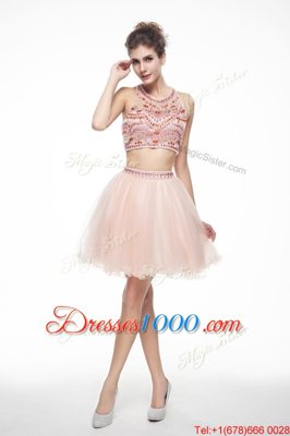 Custom Design Scoop Peach Sleeveless Beading Knee Length Prom Gown