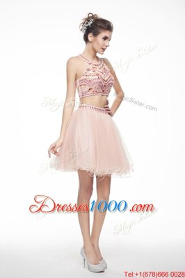Custom Design Scoop Peach Sleeveless Beading Knee Length Prom Gown