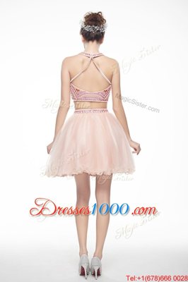 Custom Design Scoop Peach Sleeveless Beading Knee Length Prom Gown