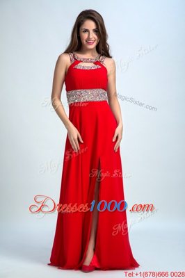 Latest Red and Coral Red Sleeveless Floor Length Beading Zipper Prom Gown