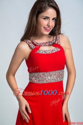 Latest Red and Coral Red Sleeveless Floor Length Beading Zipper Prom Gown