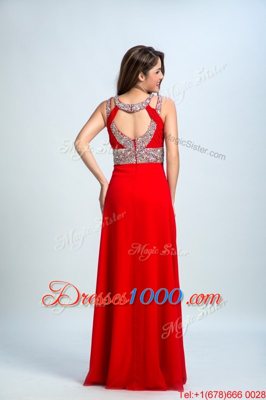 Latest Red and Coral Red Sleeveless Floor Length Beading Zipper Prom Gown