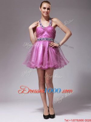 Halter Top Rose Pink Sleeveless Mini Length Beading Zipper Party Dresses