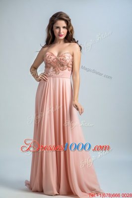 Sleeveless With Train Beading Zipper Dress for Prom with Baby Pink Brush Train