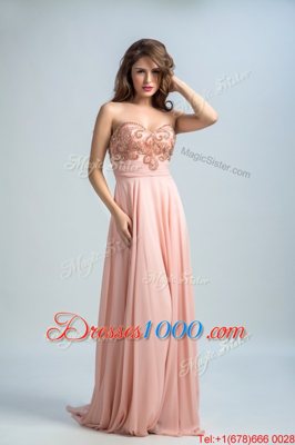 Sleeveless With Train Beading Zipper Dress for Prom with Baby Pink Brush Train