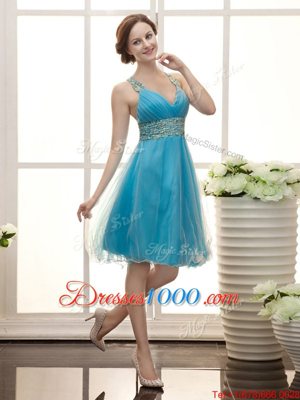 Deluxe Aqua Blue Zipper Prom Evening Gown Beading Sleeveless Knee Length