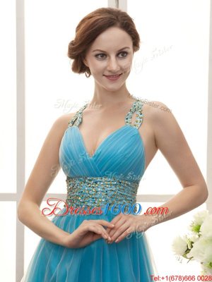 Deluxe Aqua Blue Zipper Prom Evening Gown Beading Sleeveless Knee Length