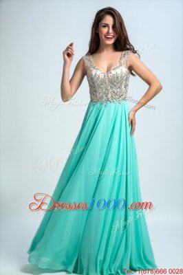 Cute Aqua Blue Empire Chiffon V-neck Sleeveless Beading and Appliques Floor Length Zipper Evening Dresses
