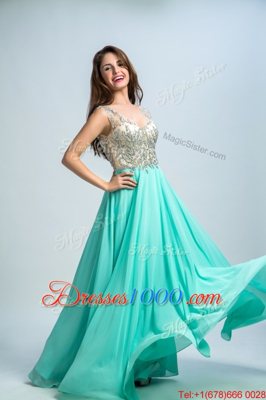 Cute Aqua Blue Empire Chiffon V-neck Sleeveless Beading and Appliques Floor Length Zipper Evening Dresses