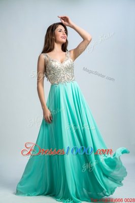 Cute Aqua Blue Empire Chiffon V-neck Sleeveless Beading and Appliques Floor Length Zipper Evening Dresses