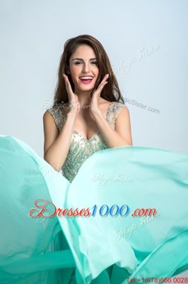 Cute Aqua Blue Empire Chiffon V-neck Sleeveless Beading and Appliques Floor Length Zipper Evening Dresses