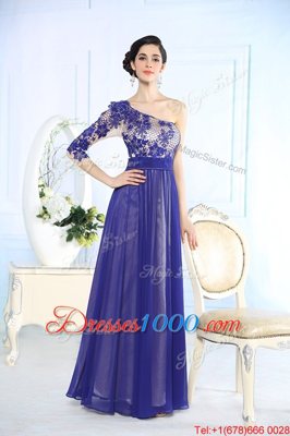 Fitting Chiffon One Shoulder Long Sleeves Side Zipper Beading and Appliques Prom Dress in Blue