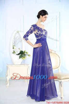 Fitting Chiffon One Shoulder Long Sleeves Side Zipper Beading and Appliques Prom Dress in Blue