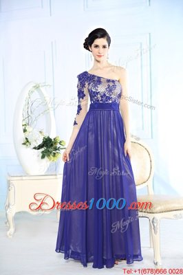 Fitting Chiffon One Shoulder Long Sleeves Side Zipper Beading and Appliques Prom Dress in Blue