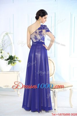 Fitting Chiffon One Shoulder Long Sleeves Side Zipper Beading and Appliques Prom Dress in Blue