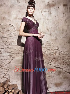 Modest Beading and Ruching Purple Side Zipper Cap Sleeves Floor Length
