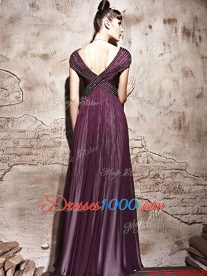 Modest Beading and Ruching Purple Side Zipper Cap Sleeves Floor Length
