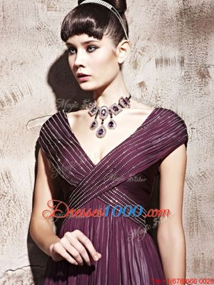 Modest Beading and Ruching Purple Side Zipper Cap Sleeves Floor Length