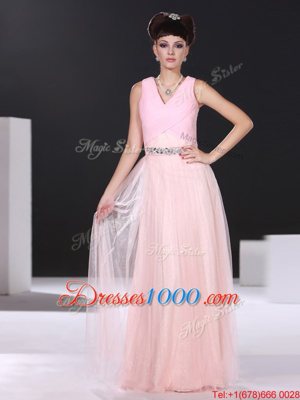 Fantastic Floor Length Pink Homecoming Dress V-neck Sleeveless Side Zipper
