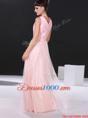 Fantastic Floor Length Pink Homecoming Dress V-neck Sleeveless Side Zipper
