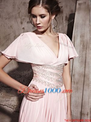 V-neck Short Sleeves Prom Party Dress Floor Length Beading and Ruching Pink Chiffon