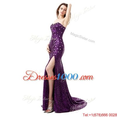 Mermaid Purple Sleeveless Sequined Brush Train Side Zipper Dress for Prom for Prom