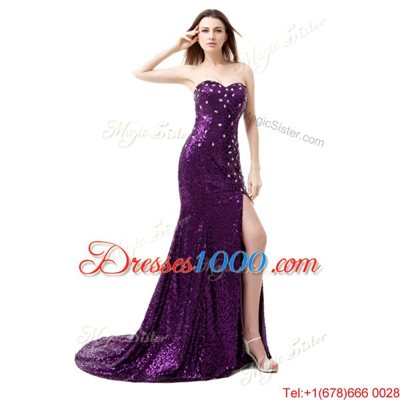 Mermaid Purple Sleeveless Sequined Brush Train Side Zipper Dress for Prom for Prom