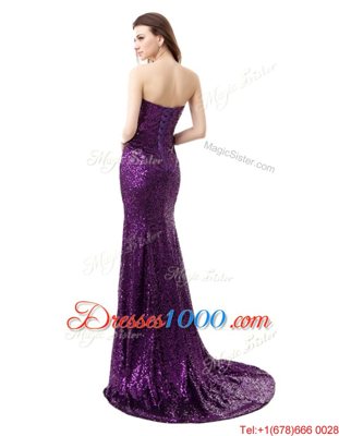 Mermaid Purple Sleeveless Sequined Brush Train Side Zipper Dress for Prom for Prom