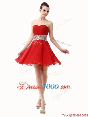 Red Lace Up Sweetheart Beading and Ruffles Prom Dresses Chiffon Sleeveless