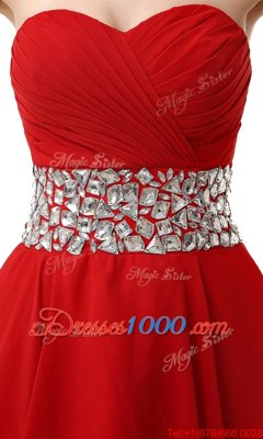 Red Lace Up Sweetheart Beading and Ruffles Prom Dresses Chiffon Sleeveless
