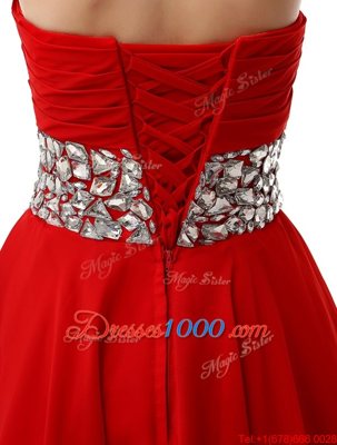 Red Lace Up Sweetheart Beading and Ruffles Prom Dresses Chiffon Sleeveless