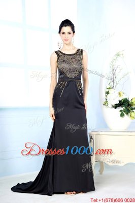 Nice Black Chiffon Side Zipper Bateau Sleeveless Floor Length Prom Dress Beading