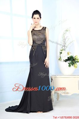 Nice Black Chiffon Side Zipper Bateau Sleeveless Floor Length Prom Dress Beading