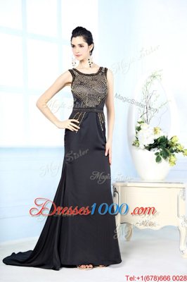 Nice Black Chiffon Side Zipper Bateau Sleeveless Floor Length Prom Dress Beading