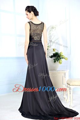 Nice Black Chiffon Side Zipper Bateau Sleeveless Floor Length Prom Dress Beading