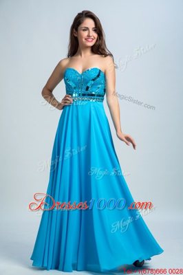 Elegant Baby Blue Sleeveless Floor Length Beading Zipper Homecoming Dress