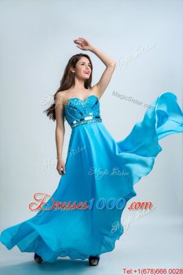 Elegant Baby Blue Sleeveless Floor Length Beading Zipper Homecoming Dress