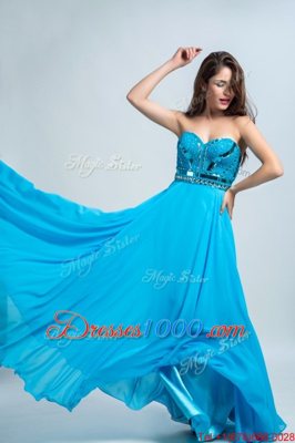 Elegant Baby Blue Sleeveless Floor Length Beading Zipper Homecoming Dress