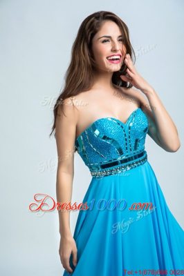 Elegant Baby Blue Sleeveless Floor Length Beading Zipper Homecoming Dress