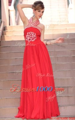 Exceptional Coral Red A-line Chiffon Halter Top Sleeveless Embroidery Floor Length Side Zipper Prom Party Dress