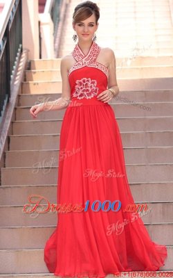 Exceptional Coral Red A-line Chiffon Halter Top Sleeveless Embroidery Floor Length Side Zipper Prom Party Dress