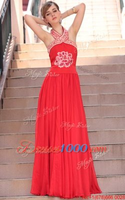 Exceptional Coral Red A-line Chiffon Halter Top Sleeveless Embroidery Floor Length Side Zipper Prom Party Dress