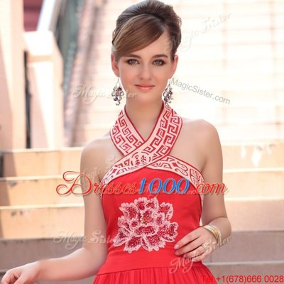 Exceptional Coral Red A-line Chiffon Halter Top Sleeveless Embroidery Floor Length Side Zipper Prom Party Dress