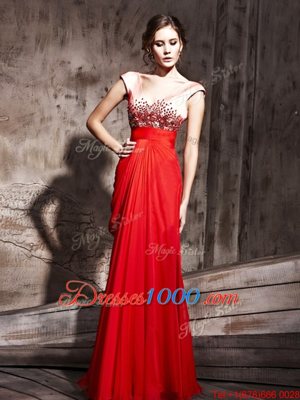 Chiffon V-neck Cap Sleeves Backless Beading Evening Dress in Coral Red