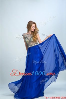 Discount Bateau Cap Sleeves Zipper Prom Dresses Royal Blue Chiffon